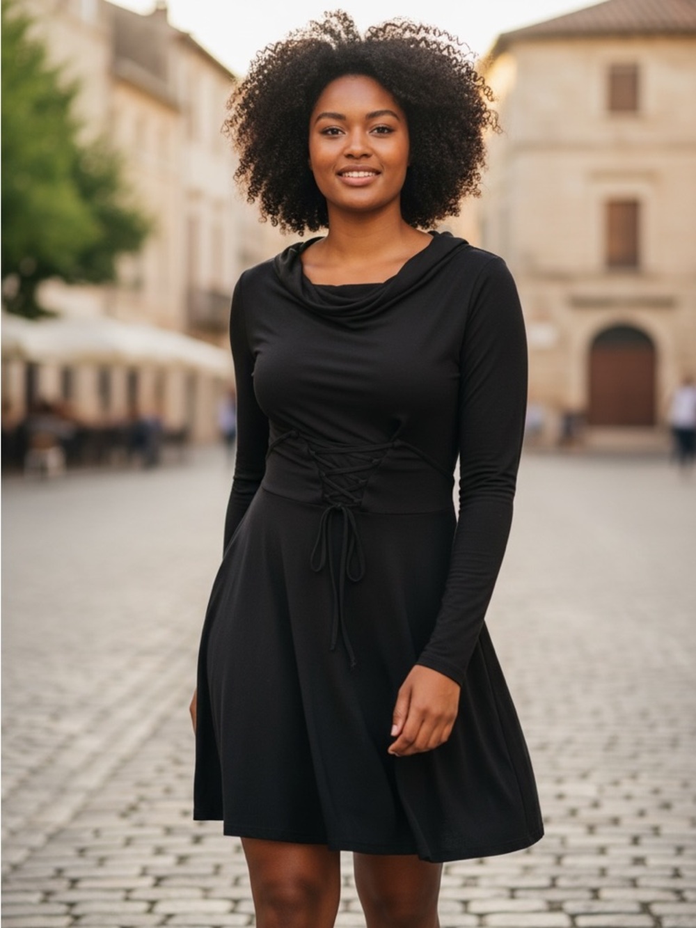 Womens Black Long-Sleeve Lace-Up Waist A-Line Dress